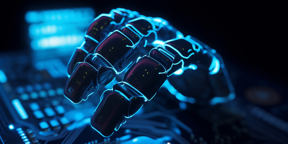 A_robotic_hand_holding_a_complex_circuit_board_with_a_glow