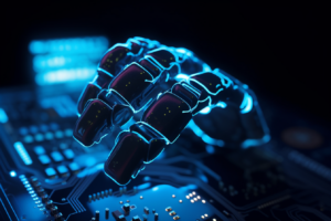 A_robotic_hand_holding_a_complex_circuit_board_with_a_glow