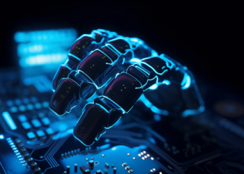 A_robotic_hand_holding_a_complex_circuit_board_with_a_glow