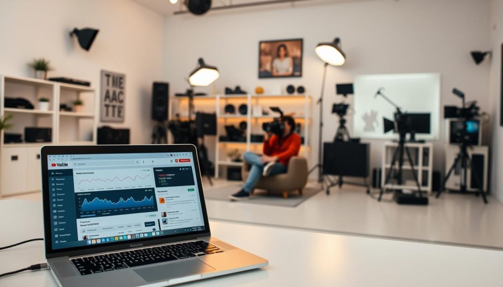 A bustling YouTube studio with a serene, minimalist aesthetic. In the foreground, a laptop displays a dashboard of analytics and automation tools, highlighting the benefits of streamlining workflows. The middle ground features a content creator comfortably seated, focused on filming with professional-grade cameras and lighting setups. The background showcases a clean, well-organized workspace, with shelves of video equipment and a sleek, modern decor. Soft, diffused lighting casts a warm, productive glow, conveying the efficiency and effectiveness of a YouTube channel optimized through automation.
