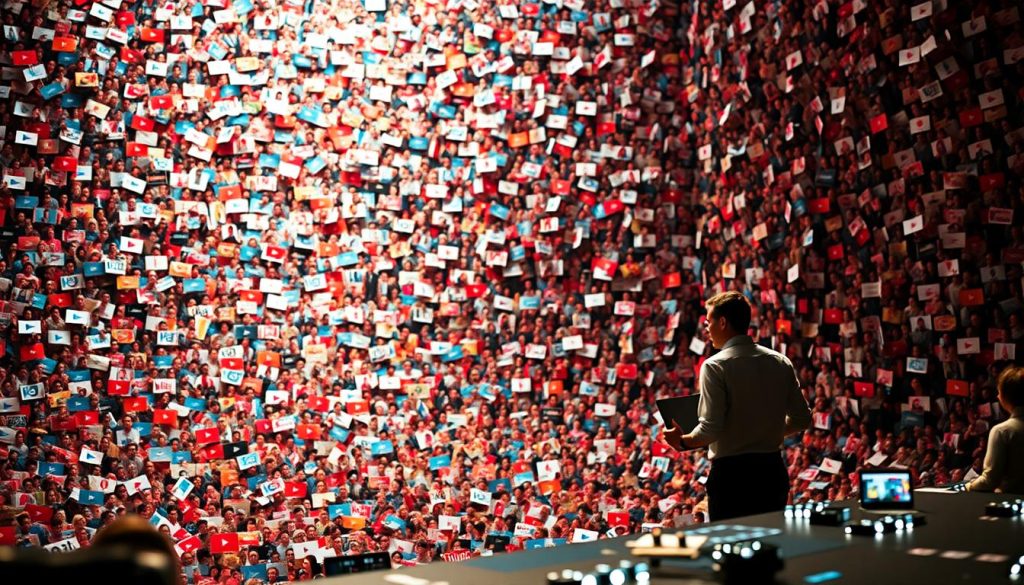 A colossal wall of YouTube comments cascades down, each one a unique perspective, a torrent of feedback. In the foreground, a calm but focused individual wades through the deluge, wielding moderation tools with precision, expertly navigating the challenges of managing high volume commentary. The background is a blur of bright colors, representing the vibrant and ever-changing nature of the platform. Warm, diffused lighting creates a sense of tranquility, despite the overwhelming volume of input. Subtle camera angles and a shallow depth of field draw the viewer's attention to the central figure, underscoring the importance of effective comment moderation in this dynamic digital landscape.