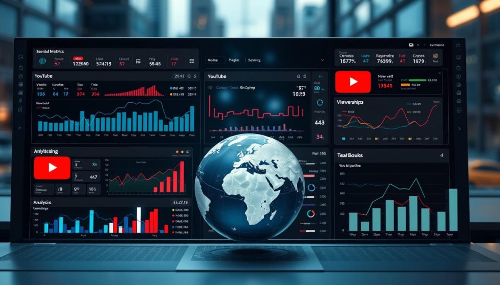 A complex, data-driven visualization of essential YouTube metrics, displayed on a sleek, modern dashboard. The foreground features an array of interactive graphs, charts, and analytics panels, meticulously crafted to provide deep insights into viewership, engagement, and growth trends. The middle ground showcases a 3D globe, highlighting the global reach and performance of the channel. In the background, a blurred cityscape provides a subtle, urban atmosphere, complementing the technological and analytical nature of the scene. Soft, directional lighting illuminates the visualization, creating depth and drama. The overall mood is one of sophistication, efficiency, and data-driven decision-making.