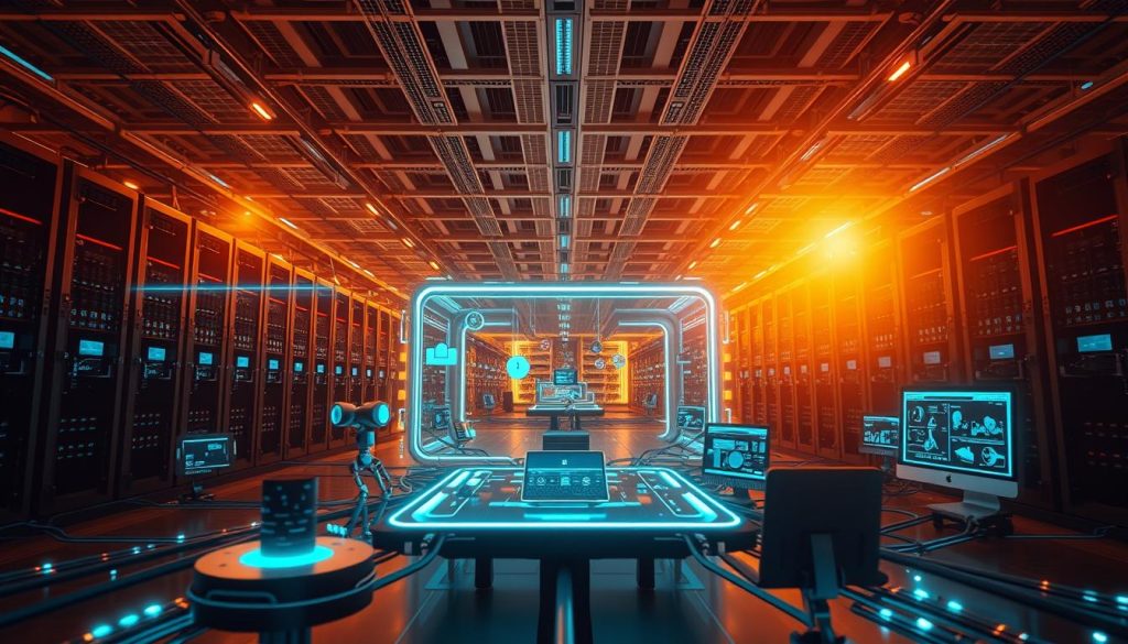 A futuristic, agentic AI workflow system, illuminated by warm, diffused lighting and captured from a dynamic, low-angle perspective. In the foreground, a network of interconnected AI agents autonomously collaborate, their transparent interfaces showcasing real-time data analysis and decision-making. The middle ground features a sleek, minimalist control center, with holographic displays and intuitive control panels. In the background, a sprawling, high-tech landscape of server racks, data clusters, and advanced communication arrays, all working in seamless harmony to power this cutting-edge workflow. The overall scene conveys a sense of efficiency, intelligence, and the transformative potential of AI-driven automation.
