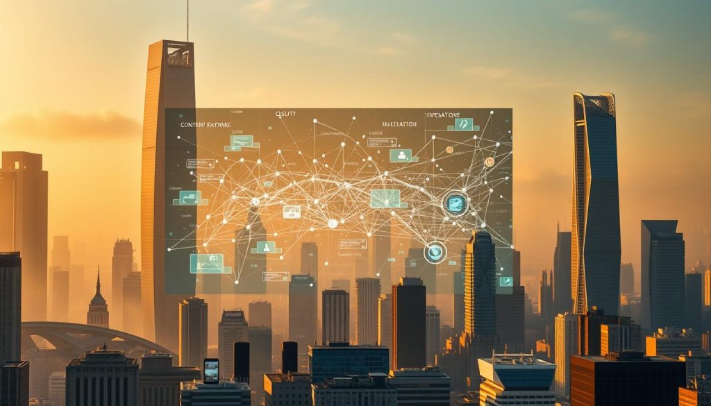 A futuristic cityscape with towering skyscrapers bathed in a warm, golden light. In the foreground, a massive display screen showcases a dynamic visual representation of AI-driven content expansion - data streams, algorithms, and interconnected platforms intertwining seamlessly. In the middle ground, a diverse array of digital devices, from smartphones to tablets, are positioned strategically, reflecting the multi-platform nature of the content. The background is filled with a hazy, dreamlike skyline, hinting at the boundless possibilities of AI-empowered content repurposing. The overall atmosphere evokes a sense of technological innovation, efficiency, and the seamless integration of human creativity and artificial intelligence.