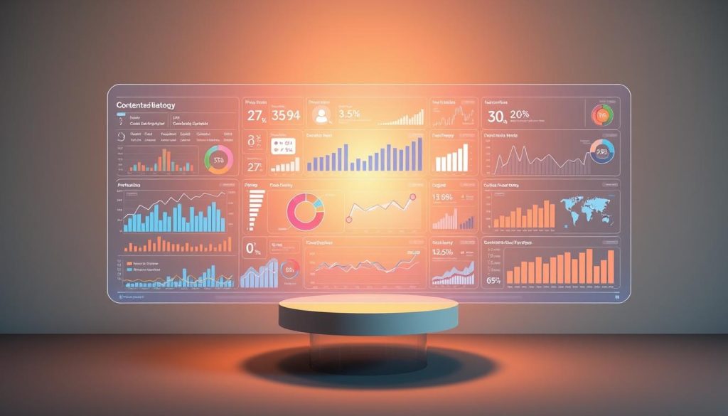 A meticulously crafted data visualization dashboard floating against a minimalist backdrop, showcasing dynamic charts, graphs, and infographics that illustrate the key insights and analytics of a comprehensive content strategy. The foreground features a sleek, holographic interface with interactive elements, conveying a sense of advanced, future-forward technology. The middle ground is bathed in a soft, warm light, creating a serene and focused atmosphere, while the background is a subtle, muted gradient, allowing the data visualizations to take center stage. The overall composition exudes a sense of clarity, control, and the ability to derive actionable intelligence from complex analytics, perfectly encapsulating the essence of "Applying Analytics to Enhance Your Content Strategy".