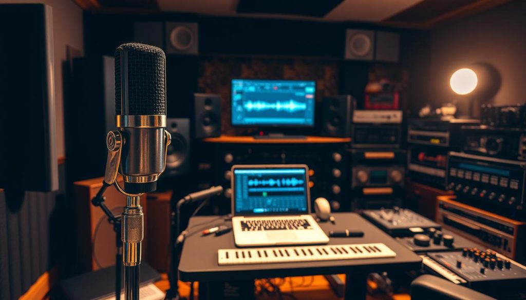 A professional audio engineer's workstation in a dimly lit recording studio. In the foreground, a high-end microphone on a sleek, chrome stand captures the essence of podcast recording. Surrounding it, an array of sound-dampening panels and acoustic foam create an intimate, sound-controlled environment. In the middle ground, a laptop displays waveforms and editing tools, hinting at the intricate process of extracting and refining podcast audio from video content. The background is filled with a collection of vintage and modern audio equipment, conveying the expertise and technical prowess required for this task. Warm, soft lighting creates a cozy, focused atmosphere, setting the stage for the meticulous work of transforming video into captivating podcast episodes.