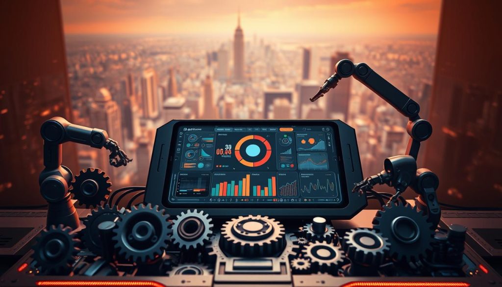 A sleek, futuristic control panel sits at the center, displaying intricate data visualizations and automation workflows. In the foreground, gears, cogs, and robotic arms seamlessly integrate, symbolizing the harmonious scaling of processes. The background depicts a sprawling cityscape, hinting at the enterprise-level scope of the automation strategies. Warm, directional lighting casts a sophisticated, high-tech ambiance, while a subtle depth-of-field effect draws the viewer's attention to the core elements. The overall composition conveys the efficiency, scalability, and technological prowess of the automation scaling solutions.