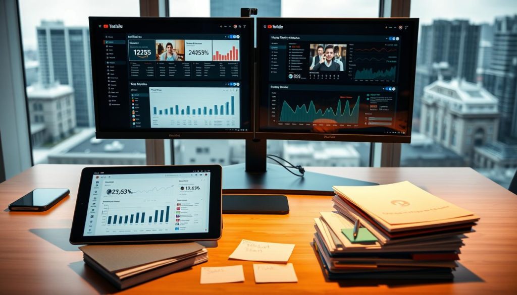 A sleek, modern office desk with a dual-monitor setup, surrounded by a variety of third-party analytics tools displayed on the screens. Candid lighting casts a warm glow, highlighting the intricate user interfaces and data visualizations. In the foreground, a tablet device showcases analytics dashboards, providing a comprehensive overview of YouTube channel performance. The middle ground features stacks of paperwork and sticky notes, representing the analytical insights gained from these powerful tools. The background depicts a minimalist, urban cityscape through the window, suggesting the professional, enterprise-level nature of the scene.