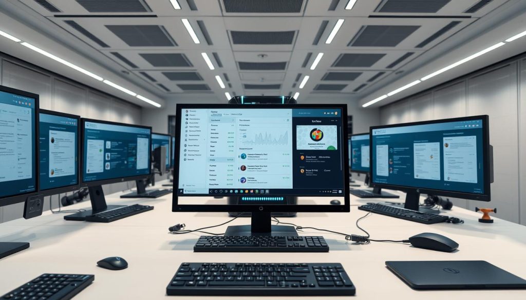 A sleek, modern office workspace with a well-organized array of computer screens, keyboards, and input devices. In the foreground, a central monitor displays an intuitive dashboard for managing AI-powered moderation tools, with customizable settings and analytics. The middle ground features a futuristic-looking server rack, its lights blinking rhythmically, symbolizing the processing power behind the intelligent moderation system. The background showcases a minimalist, high-tech environment with clean lines, neutral tones, and strategically placed ambient lighting, creating a sense of efficiency and professionalism. The overall atmosphere conveys a seamless integration of advanced technology and user-friendly functionality, ready to streamline the content moderation process.