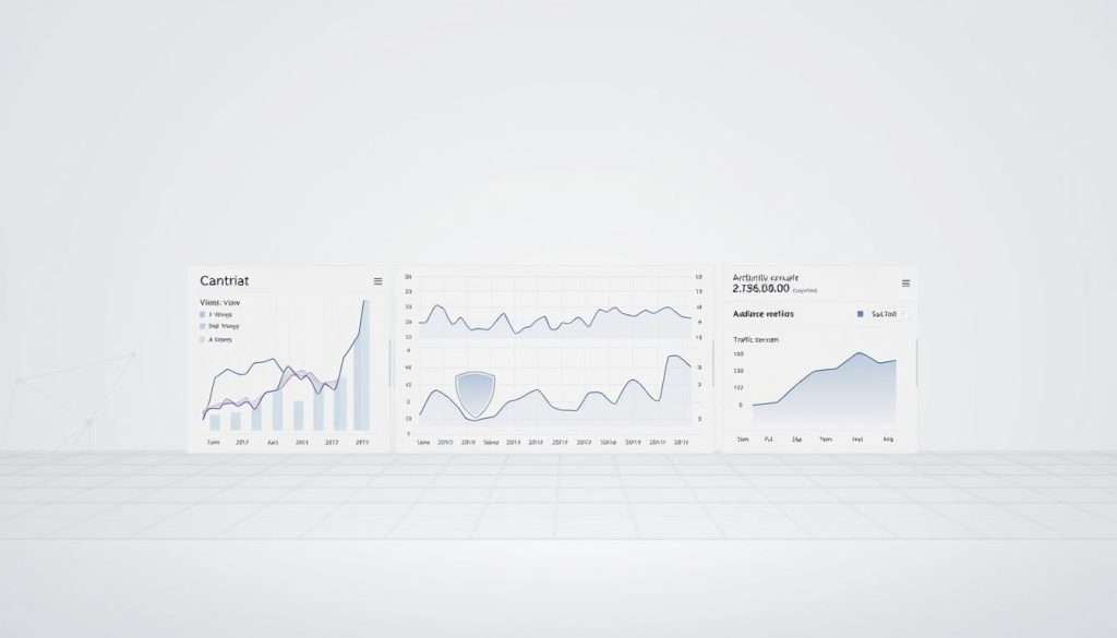 A sophisticated data visualization dashboard set against a clean, minimalist background. In the foreground, a series of dynamic charts and graphs depicting key content performance metrics such as views, engagement, traffic sources, and audience retention. The visualizations are sleek and modern, utilizing a restrained color palette and clean typographic elements. The middle ground features a subtle grid or wireframe pattern, adding a sense of structure and organization. In the background, a faint overlay of geometric shapes or abstract textures creates a subtle sense of depth and sophistication. Crisp, even lighting illuminates the scene, with a soft, directional quality that emphasizes the clarity and precision of the data presentation.