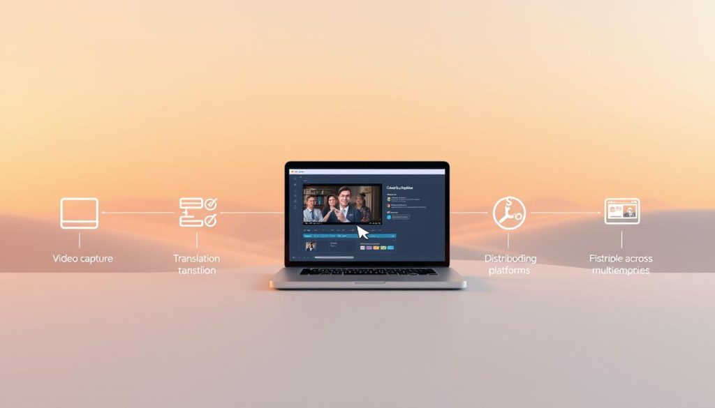 A step-by-step AI video workflow depicted in a clean, minimalist style. In the foreground, a series of interconnected icons representing the key stages: video capture, transcription, translation, repurposing, and distribution across multiple platforms. The middle ground features a laptop displaying a video editing interface, with a cursor navigating through the workflow. The background is a soft, gradient-based landscape, conveying a sense of technological progress and innovation. Warm lighting casts a subtle glow, creating a professional, aspirational atmosphere. The overall composition guides the viewer's eye through the AI-powered video repurposing process.