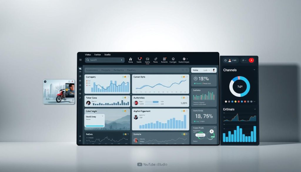 A visually striking YouTube Studio dashboard interface set against a clean and minimalist backdrop. The foreground features a sleek and modern layout with various analytics widgets, graphs, and charts displaying insightful data on video performance, audience engagement, and channel growth. The middle ground showcases a customizable toolbar with intuitive navigation options, while the background subtly blends shades of gray and white, creating a sense of depth and balance. Soft, directional lighting illuminates the interface, emphasizing the clarity and precision of the data visualizations. The overall atmosphere conveys a professional, yet approachable atmosphere, inviting the user to dive deep into the advanced analytics and unlock the full potential of their YouTube channel.