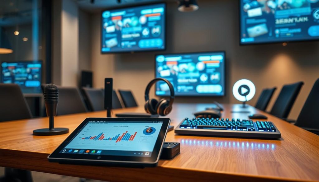 A well-lit modern office setting, featuring an array of audience engagement tools on a conference table. In the foreground, a sleek digital tablet displaying interactive graphs and analytics dashboards. Beside it, a high-quality microphone and audio mixer for seamless live streaming. In the middle ground, an ergonomic gaming-style headset and a programmable LED keyboard, enabling intuitive audience interactions. The background showcases large projection screens displaying real-time audience feedback and engagement metrics, bathed in a warm, focused lighting that creates a professional, tech-savvy atmosphere.