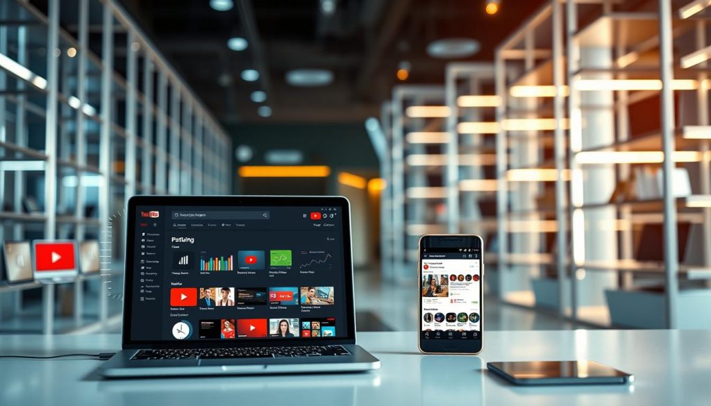 An array of digital tools against a backdrop of sleek, modern office space. In the foreground, a laptop displays a dashboard of YouTube analytics and automation software. Surrounding it, various icons and interfaces representing features like scheduling, thumbnail creation, and viewer engagement metrics. In the middle ground, a smartphone showcases a mobile app for managing YouTube channels on-the-go. The background features futuristic, metallic shelving units and ambient lighting, conveying an efficient, high-tech work environment optimized for streamlining YouTube content creation and distribution.
