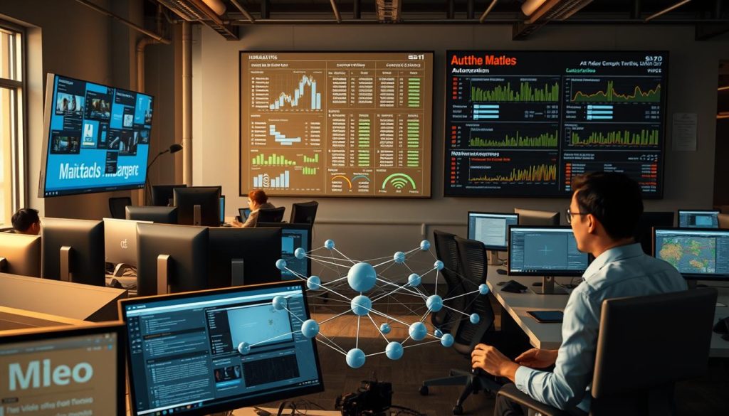 A bustling office space with sleek, modern workstations and an array of screens displaying various data visualization tools. In the foreground, a user interacts with a comprehensive metadata generation interface, seamlessly cataloging and tagging video assets. The middle ground showcases a network of interconnected nodes, representing the automation workflow that powers the metadata generation process. In the background, a large display board tracks the progress of multiple video publishing tasks, creating a sense of efficiency and productivity. Warm, natural lighting filters through the windows, casting a subtle glow over the scene. The overall atmosphere conveys a harmonious blend of technology and human-centric design, reflecting the synergy between AI-driven automation and the human touch in video content management.