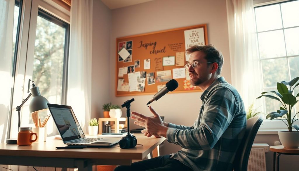 A cozy home office setting, sunlight streaming through large windows, illuminating a desk with a laptop, camera, and various stationery items. In the foreground, a person sits at the desk, casually talking into a microphone, gesturing as they narrate their daily routine. Behind them, a bulletin board displays handwritten notes, photos, and inspiring quotes, suggesting a creative and organized workflow. The room has a warm, inviting atmosphere, with subtle houseplants and soft, natural tones creating a sense of comfort and productivity. A low-angle view captures the scene, emphasizing the storytelling aspect and the subject's engaging presence.