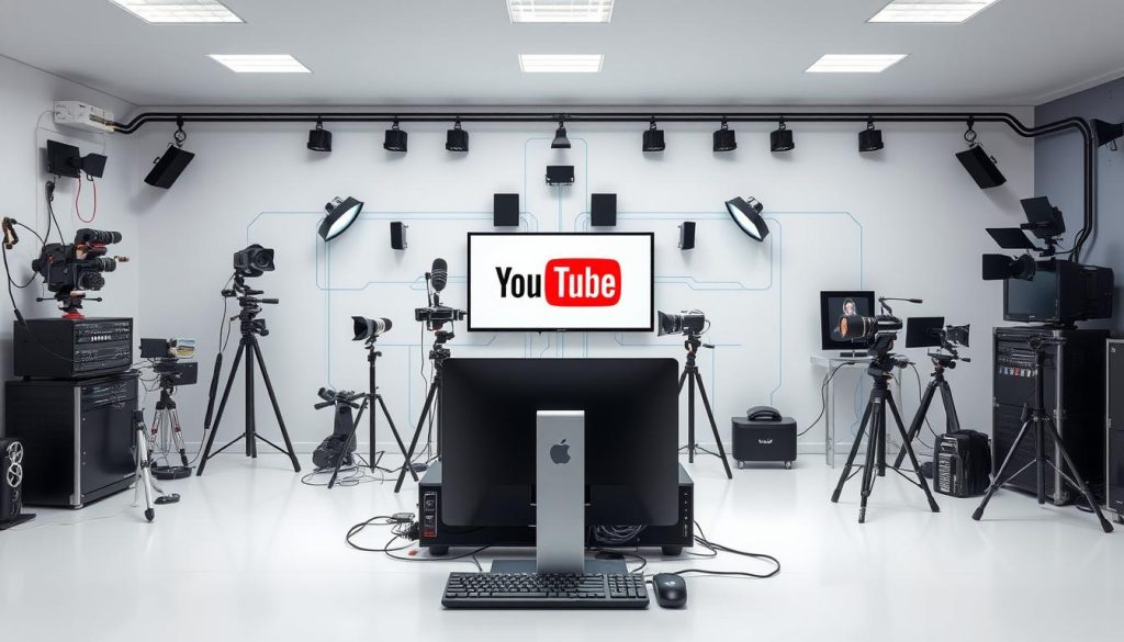 A detailed technical diagram showcasing a comprehensive YouTube automation setup. In the foreground, a central computer system with various input/output connections, representing the core of the automation workflow. In the middle ground, an array of connected devices including cameras, microphones, and lighting equipment, symbolizing the content creation tools. In the background, a stylized representation of the YouTube platform, with clouds and network infrastructure to depict the online integration. The lighting is bright and evenly distributed, with a clean, modern aesthetic. The camera angle is slightly elevated, providing an overview of the entire setup. The mood is one of efficiency, organization, and technological prowess.