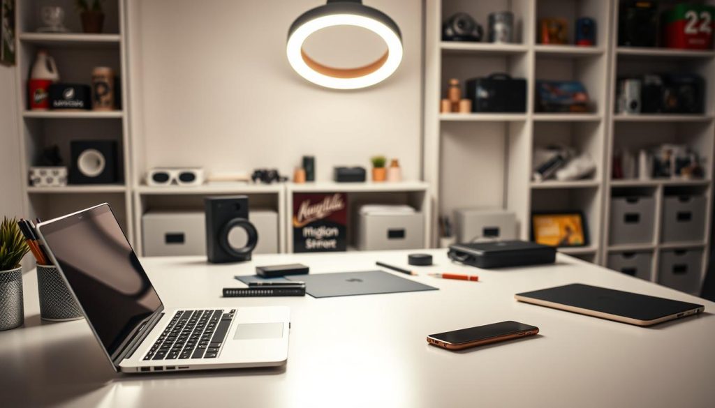 A modern home office setup with a laptop, smartphone, and various office supplies on a clean, white desk. A stylish ring light illuminates the space, casting a warm, professional glow. In the background, shelves display various consumer products, hinting at the subject of product reviews. The overall atmosphere conveys a sense of productivity, attention to detail, and a focus on engaging content creation.