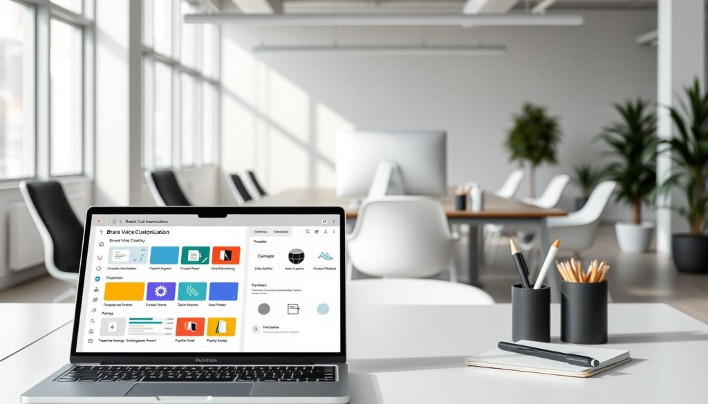 A professional working space with a sleek, modern design. In the foreground, a laptop displays a brand voice customization workflow interface, featuring customizable color palettes, typography, and iconography. In the middle ground, a desk with a monitor, stylus, and notebook, emphasizing the interactive nature of the workflow. The background showcases a minimalist office setting with large windows, allowing natural light to flood the space and create a calm, productive atmosphere. The overall mood is one of efficiency, creativity, and attention to detail, reflecting the importance of a consistent brand voice in the article's subject.