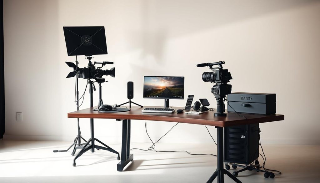 A sleek, minimalist studio setup with a sophisticated video production desk. The desktop is adorned with a professional video camera, studio lighting, and an assortment of video production equipment. The backdrop features a neutral-toned wall, lending a clean, modern aesthetic. Soft, directional lighting casts subtle shadows, creating depth and dimension. The overall scene conveys a sense of precision, efficiency, and the technical expertise required for crafting effective video ads across various social media platforms.