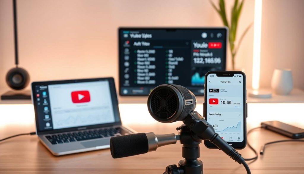 A sleek, modern desktop setup with a laptop, smartphone, and various video production equipment. The laptop screen displays YouTube video specs, including aspect ratios, resolution, and bitrate. The smartphone showcases YouTube video analytics, providing insights into audience engagement and performance. In the foreground, a high-quality microphone and camera are positioned, suggesting the tools needed for professional-grade YouTube content creation. Subtle LED lighting illuminates the scene, creating a warm, inviting atmosphere. The background features minimalist decor, allowing the tech-focused elements to take center stage. The overall composition conveys the balance between quality and duration, essential for success on the YouTube platform.