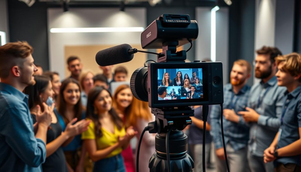 A vibrant and engaging live stream set against a modern backdrop. In the foreground, a group of people actively participating in a lively Q&A session, their faces animated with curiosity and excitement. The middle ground features a professional-grade webcam and microphone setup, creating an atmosphere of high-quality production. The background showcases a sleek, minimalist studio environment with subtle lighting accents, lending an air of professionalism. The overall scene exudes a sense of dynamic interaction and genuine engagement, inspiring viewers to actively participate in the live stream experience.