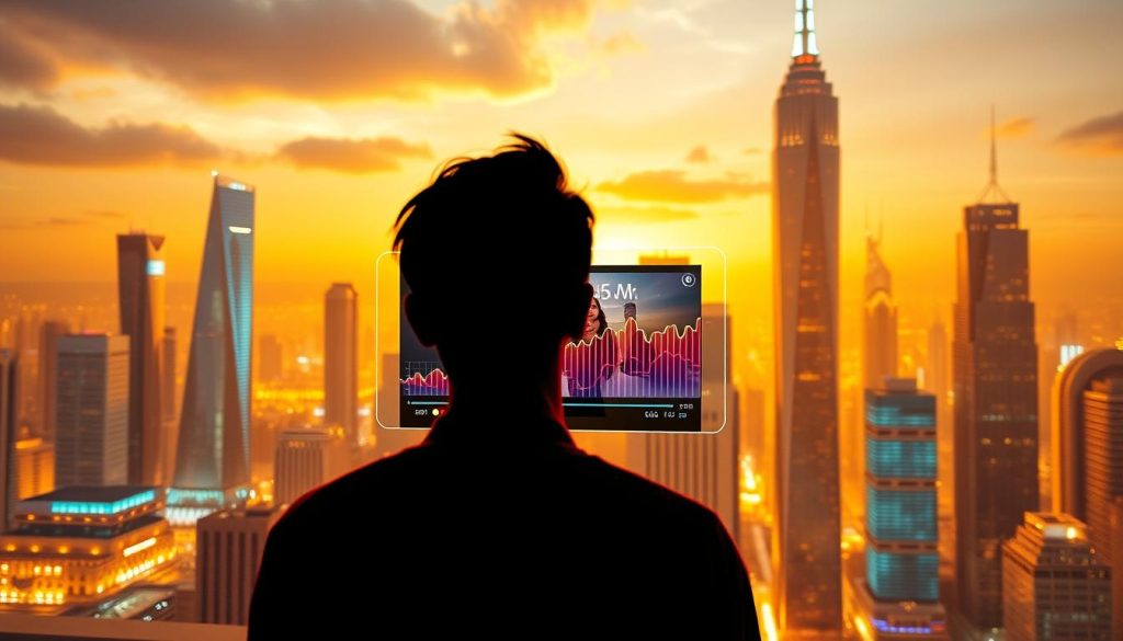 A vibrant, cinematic visualization of "video timing engagement". In the foreground, a dynamic figure representing a social media user, their attention captivated by a video playing on a sleek, holographic display. The middle ground features a pulsing data visualization, illustrating the ebb and flow of audience engagement as the video progresses. In the background, a futuristic cityscape with towering skyscrapers, bathed in a warm, golden light that evokes a sense of technological progress and innovation. The scene is captured with a cinematic, wide-angle lens, creating a sense of depth and immersion. The overall mood is one of excitement, advancement, and the power of strategic video timing to enhance audience engagement.