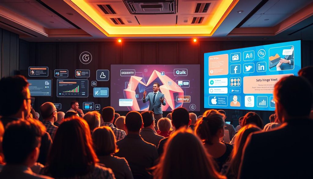 A vibrant, engaging composition showcasing various viewer engagement strategies. In the foreground, a group of attentive viewers intently watching a presentation on a large, high-definition screen. The middle ground features a presenter gesturing animatedly, capturing the audience's attention. In the background, an array of interactive elements such as live polls, Q&A sessions, and social media integration create a dynamic, immersive experience. Warm, inviting lighting illuminates the scene, creating a sense of energy and enthusiasm. The overall mood is one of active participation, where the audience is fully engaged and invested in the content.